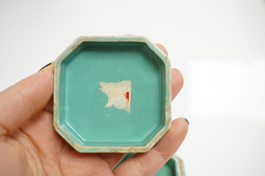 A Chinese famille rose seal paste box and cover, Jiaqing four character seal mark and of the period (1796-1820), 6cm wide. Condition - section of base broken and re-glued